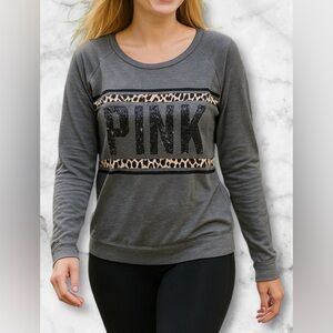 PINK Victoria’s Secret Gray Chetah Print Black Sequins Pullover Tee Size S